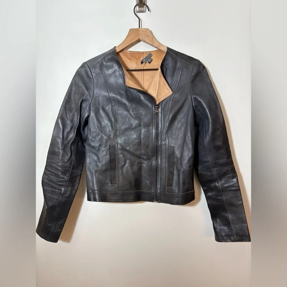 $995 Vince Black Zip Cross Front Leather Jacket Sz XS